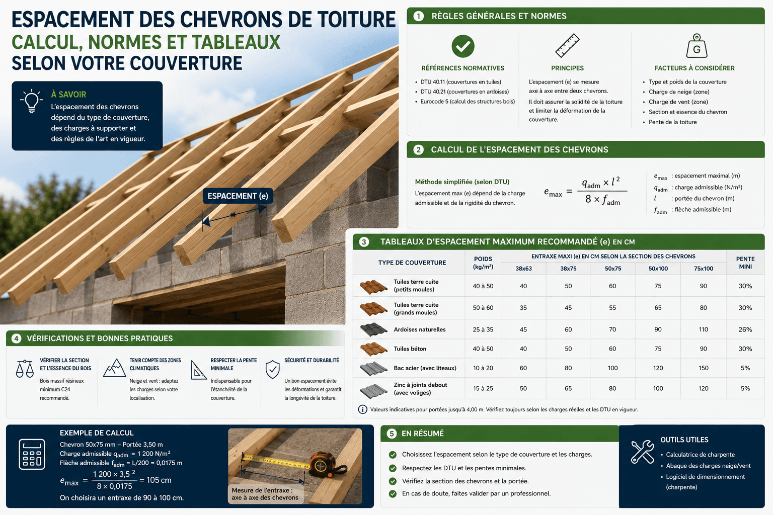 Espacement des chevrons de toiture : calcul, normes et tableaux selon votre couverture