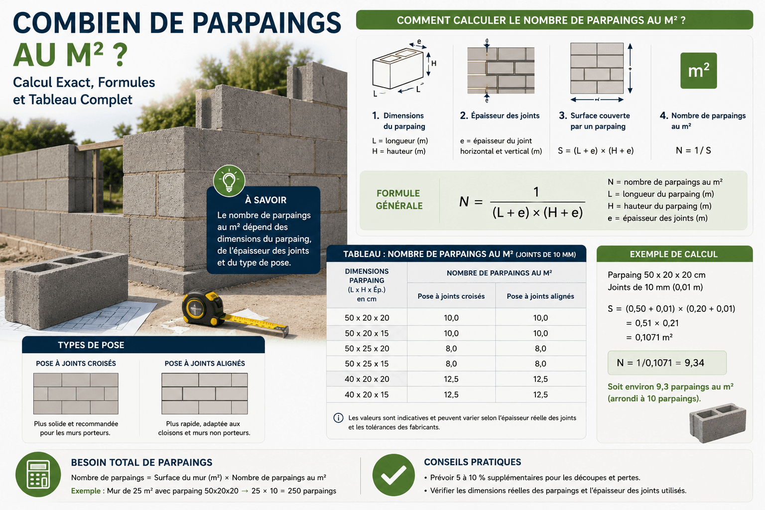 Combien de Parpaings au m² ? Calcul Exact, Formules et Tableau Complet