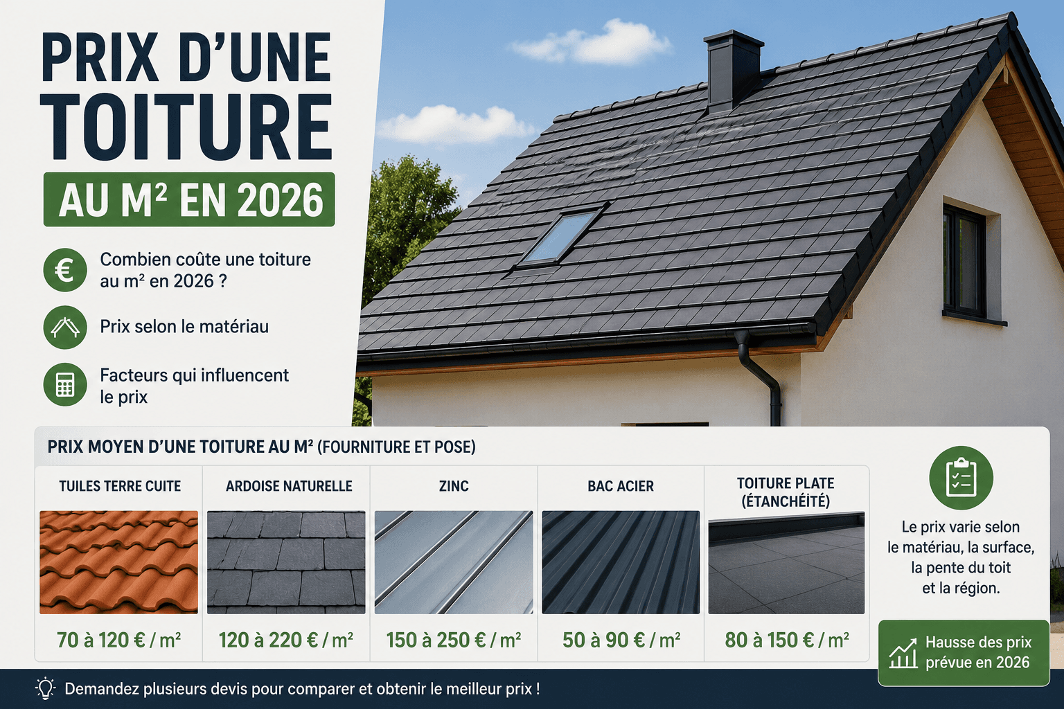 Prix d'une toiture au m² en 2026